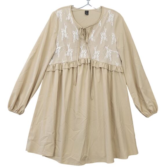 Shein Tan Mini Dress Stretch Shirtdress Lace Ruffles Long Sleeves Women's Size S - Picture 1 of 10